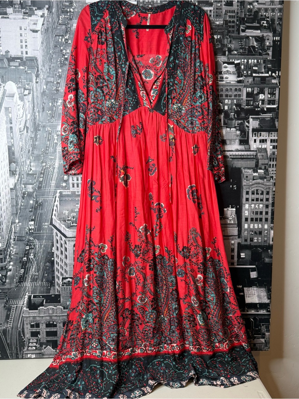 Free People Red Floral Boho Maxi Dress Medium Long Sleeve Empire Waist